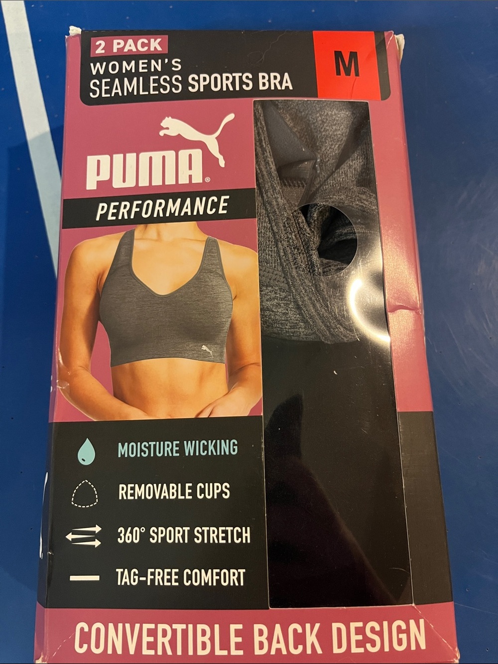 Puma Pink and Black Convertible DryCell Sports Bra Packaging